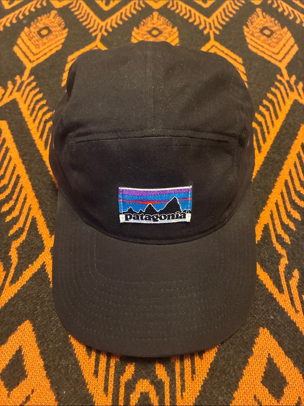 Patagonia Black Five-Panel Cap with Multicolor Logo Patch